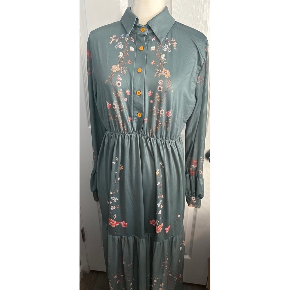 Vintage Floral Maxi Dress‎ Long Sleeve Collared Button Up Teal Green Tier Ruffle